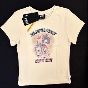 Minga London Cropped Baby Tee XL – "Ready to Start Some Sh*t" Graphic Fawn NWT